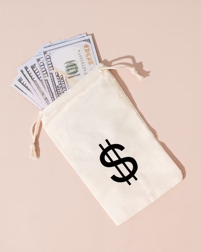 Dompet putih dengan simbol dolar dan uang USD di dalamnya, di latar belakang pink.