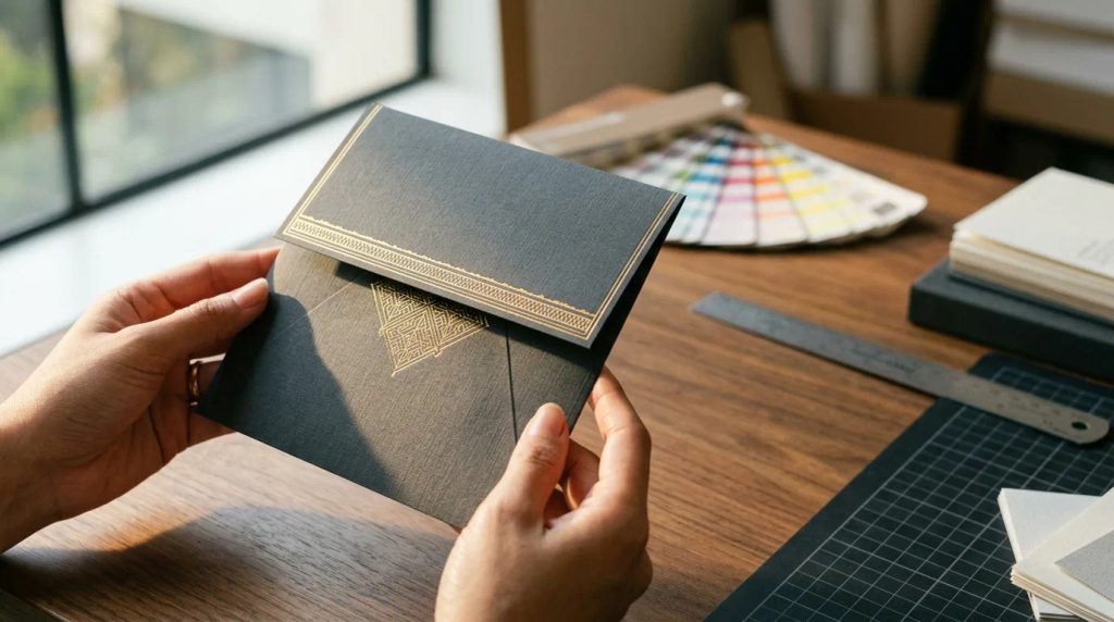 Ilustrasi amplop square flap finishing gold
