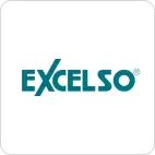 Stiker logo Excelso berlatar putih dengan tulisan hijau toska.